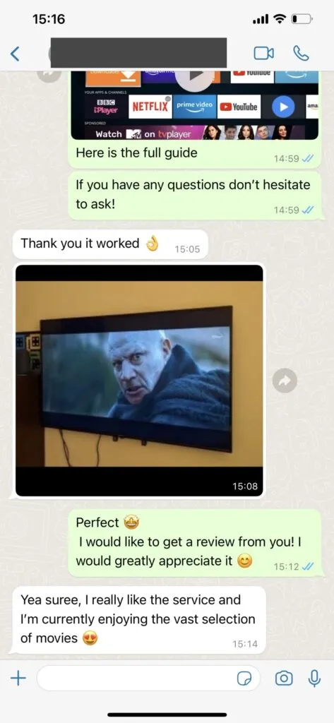 WhatsApp customer support chat showing instant Garox TV playlist delivery